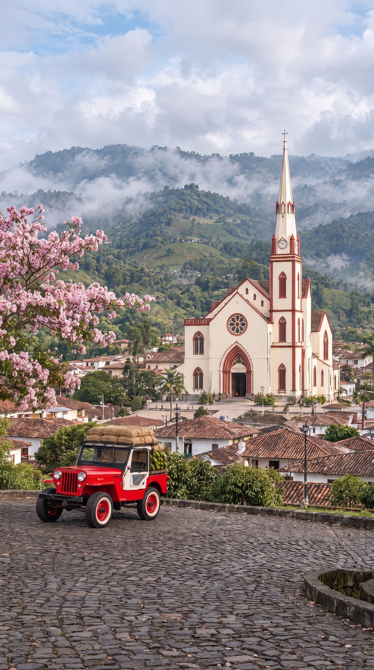 Un Willys de Empresa Primavera en el pueblo, con la iglesia y los cerros cafeteros al fondo