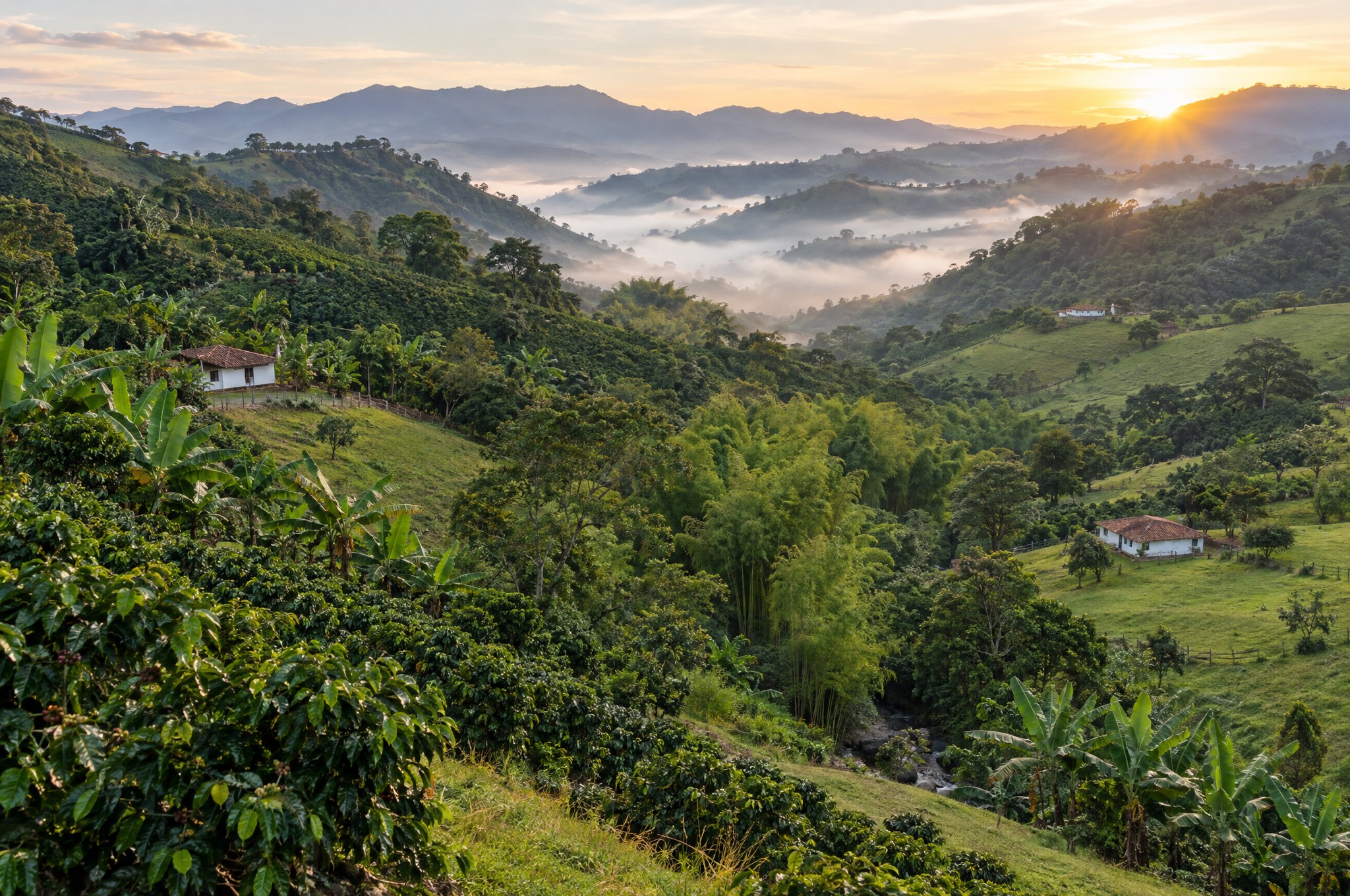 Las veredas al amanecer, con niebla entre las montañas